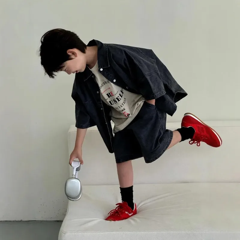 

Boys' Summer Shirt Set New SummerSmall and Medium sized Children Boys' Summer Short sleeved Shirt Top