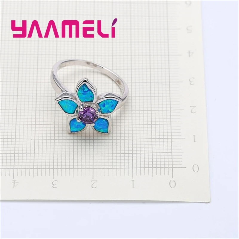 Winter Sale Purple and Blue Fire Opal Flower Ring Fashion Women Lady Best Gift Authentic 925 Silver Jewelry 925 Stamp Anillos