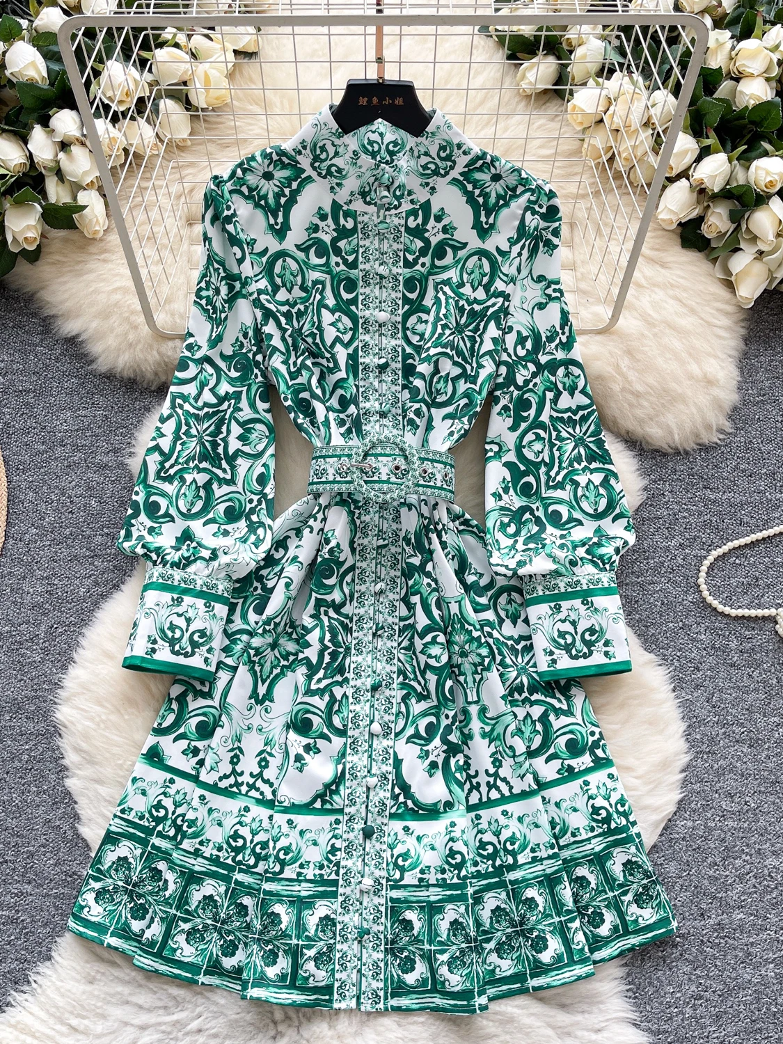 Lanterne imprimée rétro Court Sle Sve Dr pour femmes, col montant, cintré à la taille, amincissante, mi-longue, été