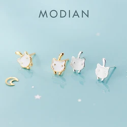 Modian Fashion Sterling Silver 925 Gold Color Cute Cat Stud Earring for Women Anti-Allergy Animal Ear Pin Fine Jewelry Kids Gift
