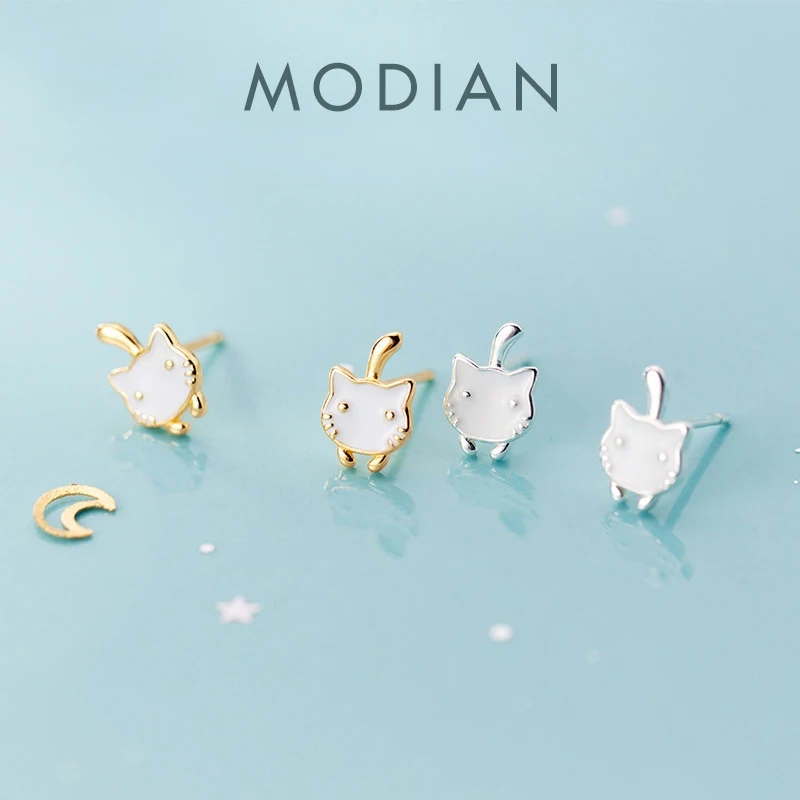 Modian moda srebro 925 złoty kolor słodki kociak stadniny kolczyki dla kobiet antyalergiczne z uszami zwierzęcia Pin Fine Jewelry Kids Gift