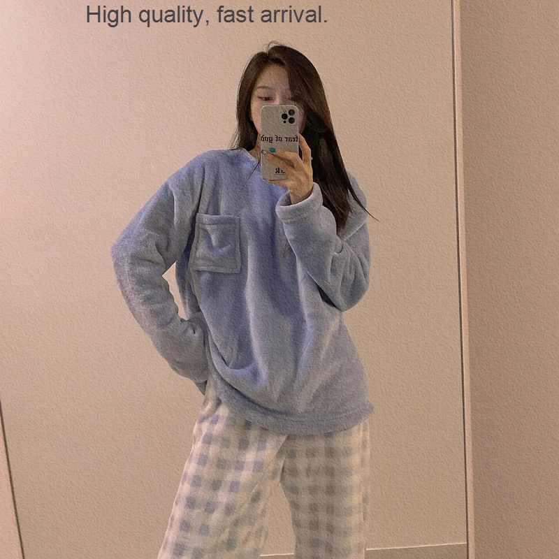 

Pajamas Flannel Plaid for Women Autumn and Winter Can Be Worn outside Coral Fleece Home Wear womens pajamas