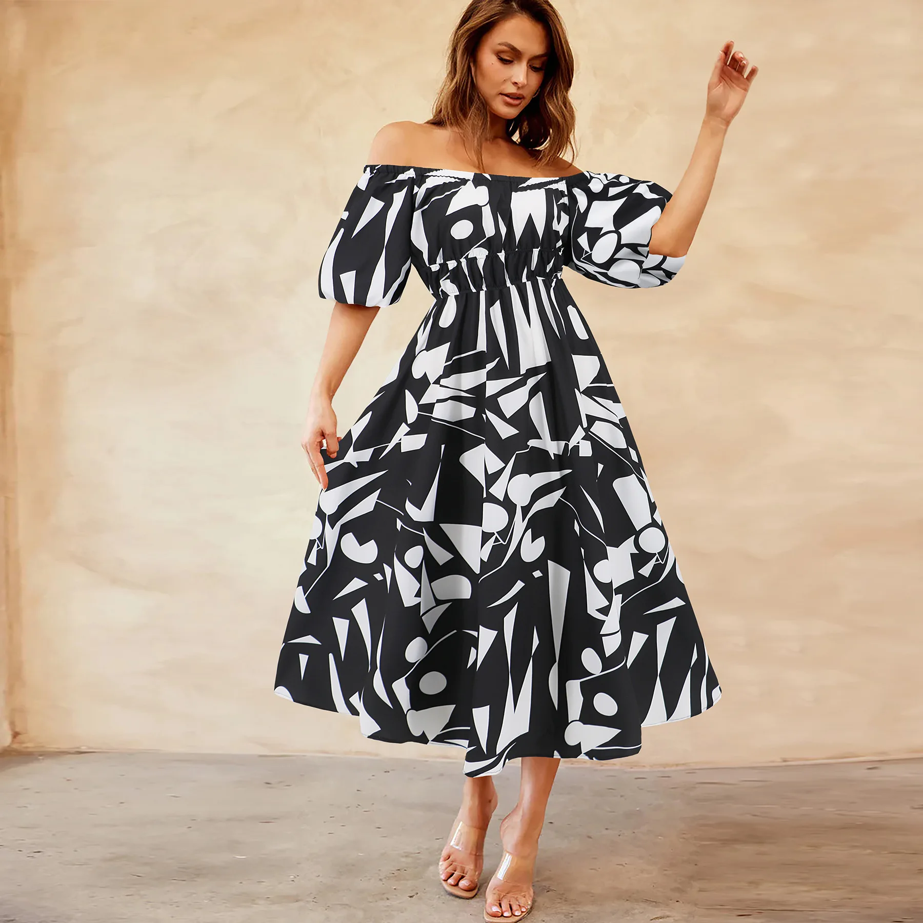 Sexy One Neck Bubble Sleeve Printed Skirt Casual and Fashionable with a Big Display of Temperament Dress