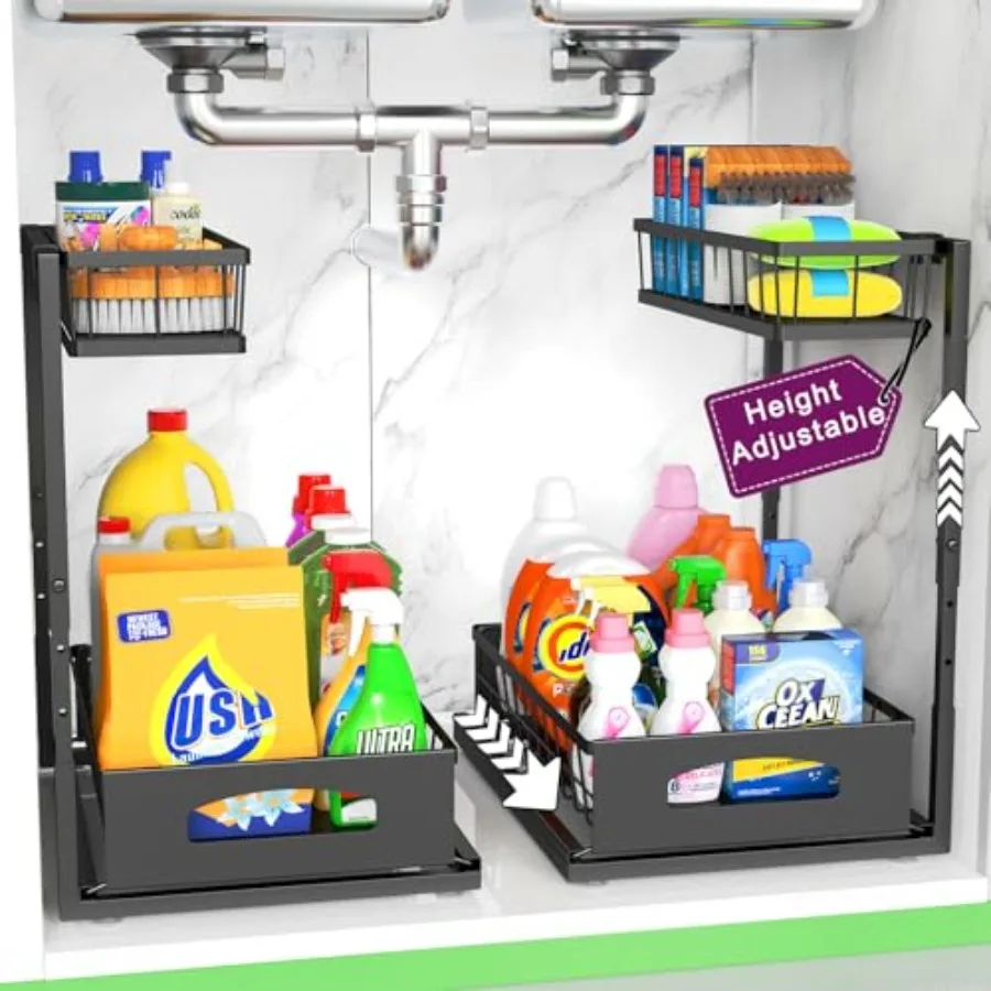 

Under Sink Organizer 2 Packs Height Adjustable Under Sink Storage Pull Out Cabinet Storage Shelves Slide Out Drawer for Kitchen