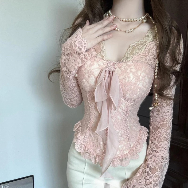

Sexy Bow Tie Pink Long Sleeve Shirt 2026 Spring Autumn V-neck Women Lace Tops Fashion Pullovers Blouse