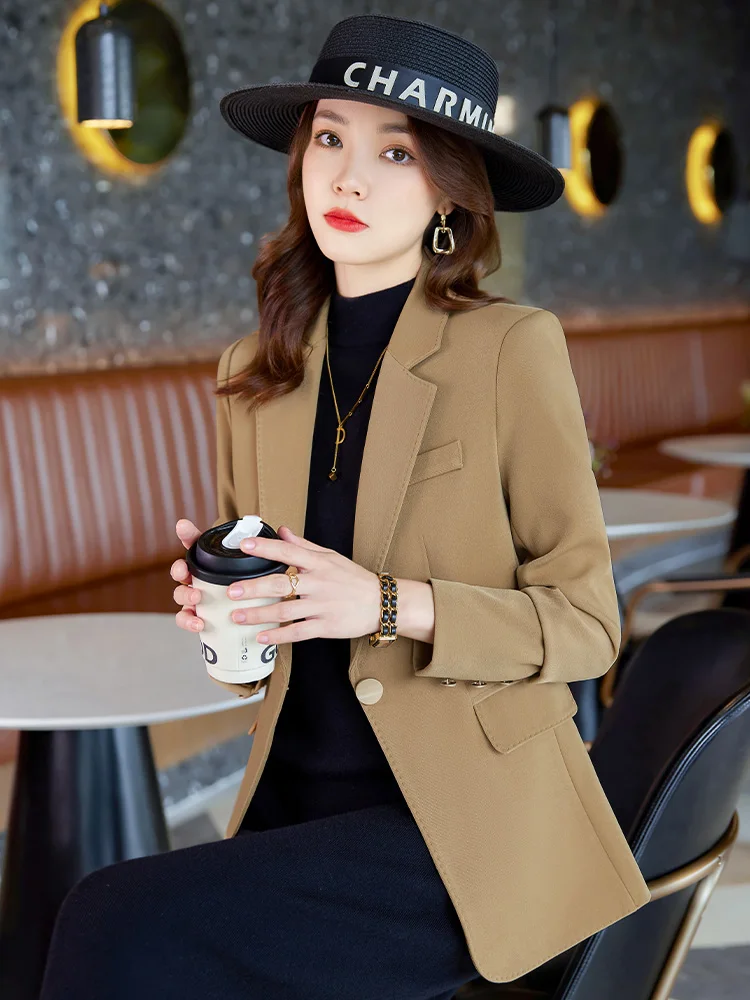 

Женский пиджак карамельного цвета: повседневный, модный, для работы, весна-осень, новинка, приталенный крой, полиэстер