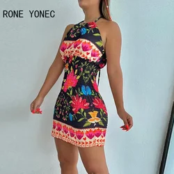 Damska elegancka sukienka bez rękawów z nadrukiem bez rękawów, sznurowana plisowana sukienka Mini Bodycon