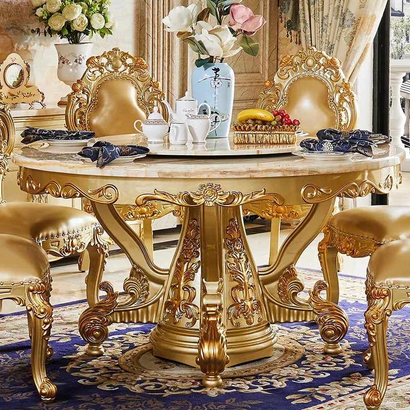 European marble dining table champagne gold round table all solid wood home dining table hotel hot pot dining tables and chairs