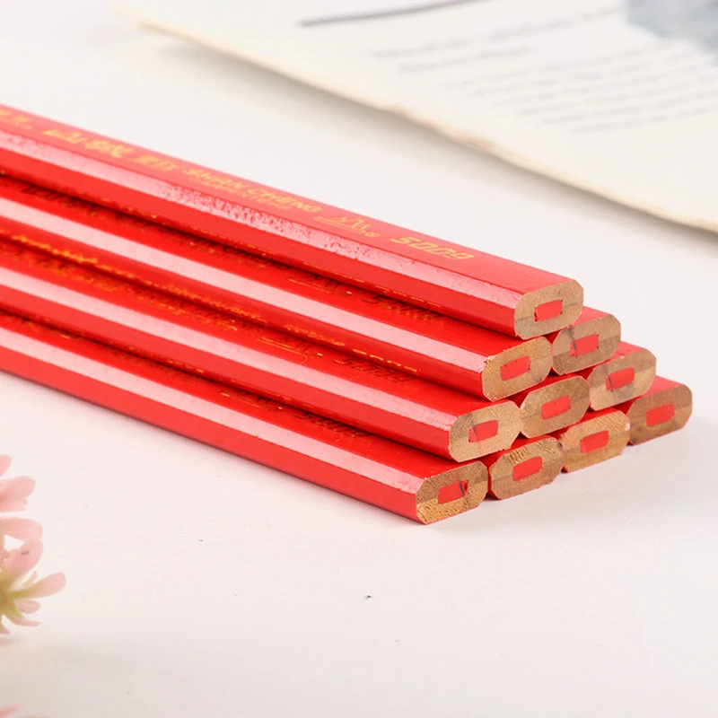 12PCS Elliptical Woodworking Pencils With Scale Flat Mark Pencils Black/Red Thick Core Hand Tool DIY Accessories