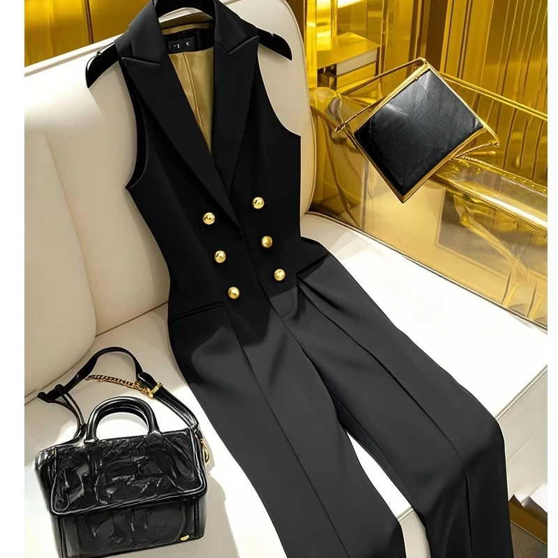 

2025 French Style Women Fashion Elegant Sleeveless Ve Neck Double Breasted Buttons Black Jumpsuits , Woman Slim Overalls