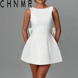 CHNMR Summer Pearl Bow Backless Mini Dress For Women Robe Fashion Zipper Sleeveless High Waist A-line Club Party Dress Elegant