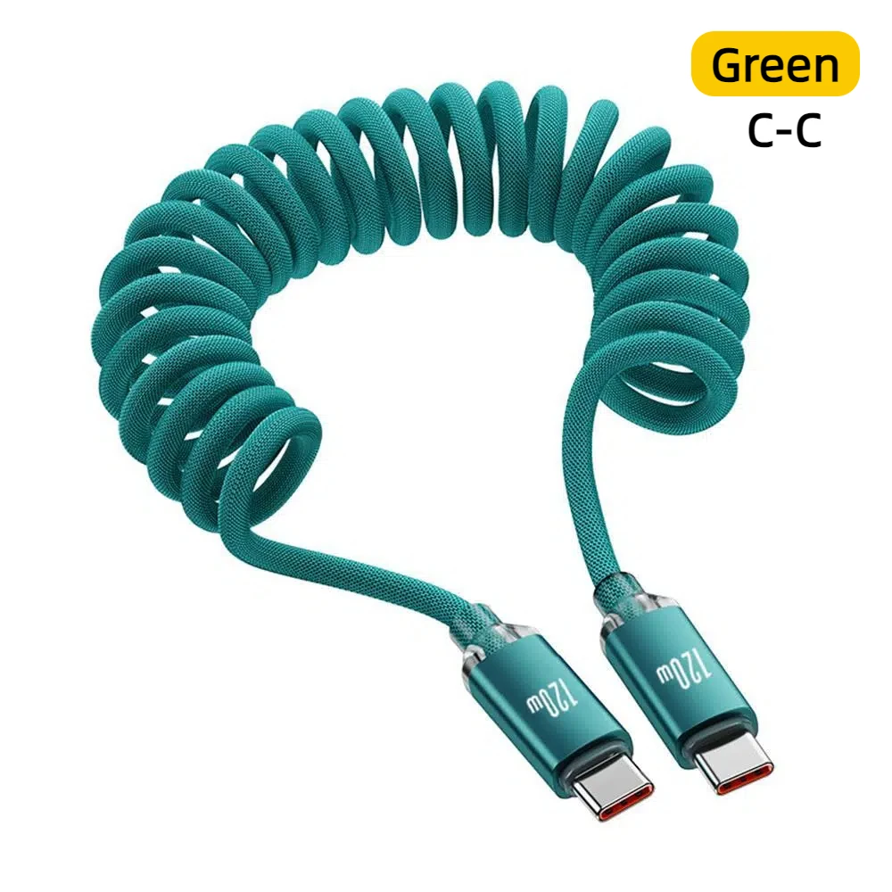 NNBILI 120W Schnellladekabel Typ-C A-C und C-C, einziehbares Spiralkabel, robustes, geflochtenes Nylonkabel für iPhone und Huawei