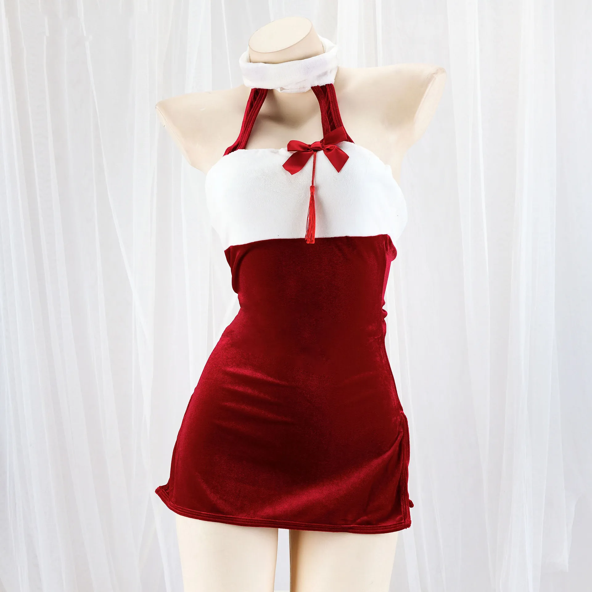 Christmas Plush Bodycon Mini Red Dress Bow Bell Nightdress Sexy Hollow New Year's Gift Dress Cosplay Costume Role Play Outfits