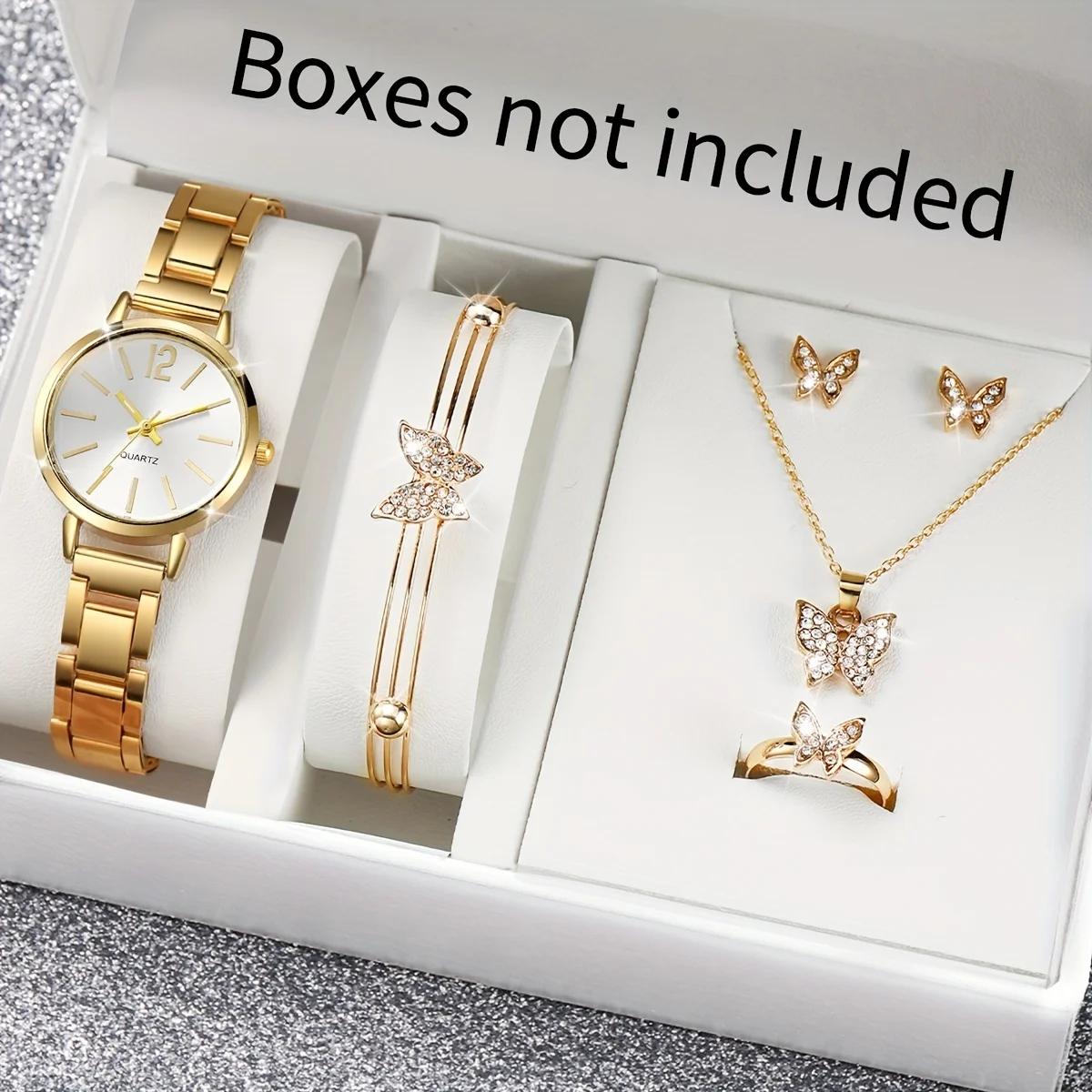 6pcs/set Business Fashion Quartz Watch Golden Steel Band Wrist Watch & Butterfly Rhinestone Jewelry Set, Gifts For Women Her