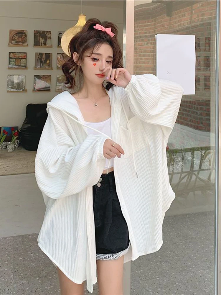 Zoki Lazy Wind Oversize Sun-Proof Shirt Women Casual Korean Hoodies Tops Long Sleeve Loose Preppy Style Summer Blouse Coats New