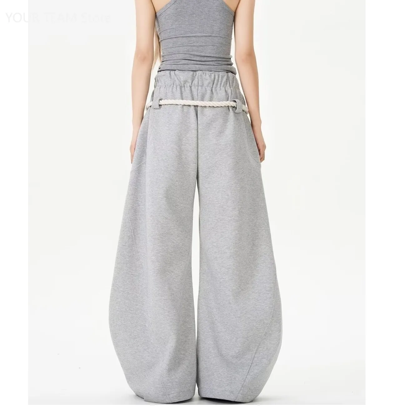 Autumn Winter Women's Retro Drawstring Sweatpants Gray Wide Leg Loose Casual StraightLeg Pants Y2K Streetwear Baggy Trousers
