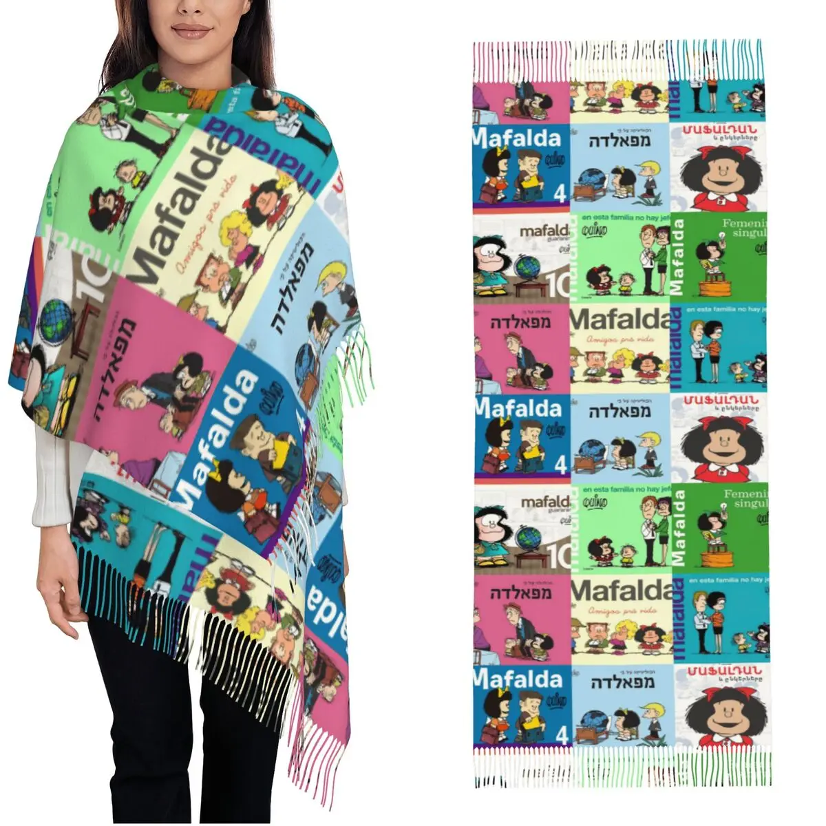 

Женский шарф с кисточкой Ma разбираas, длинная зимняя теплая шаль с героями мультфильмов и накидка, повседневная одежда в стиле аниме, шарфы из пашмины