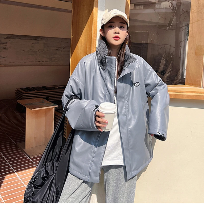 Sides Wear Women Parkas Korean Fashion Double Share Lamb Wool Winter Loose Casual Daily Short Couples PU Leather Cotton Jacket