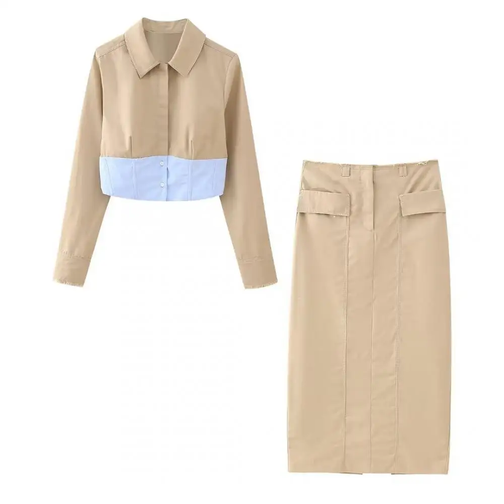 

Autumn 2024 Slim Shirt 2 Piece Set Women Single Breasted Short Tops Fashion Straight Midi Dress Casual Commuting Skirt Set