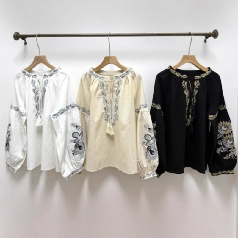 

National Style Lantern Sleeve Shirt Blouse Women's Spring And Autumn Embroidery Lace-up Loose Cover Retro Bohemian Beach Top