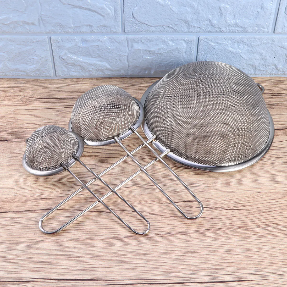 

3Pcs Stainless Steel Food Strainers Kitchen Mesh Set Sieve Long Handle Safety Stackable Tools 8cm 10cm 18cm