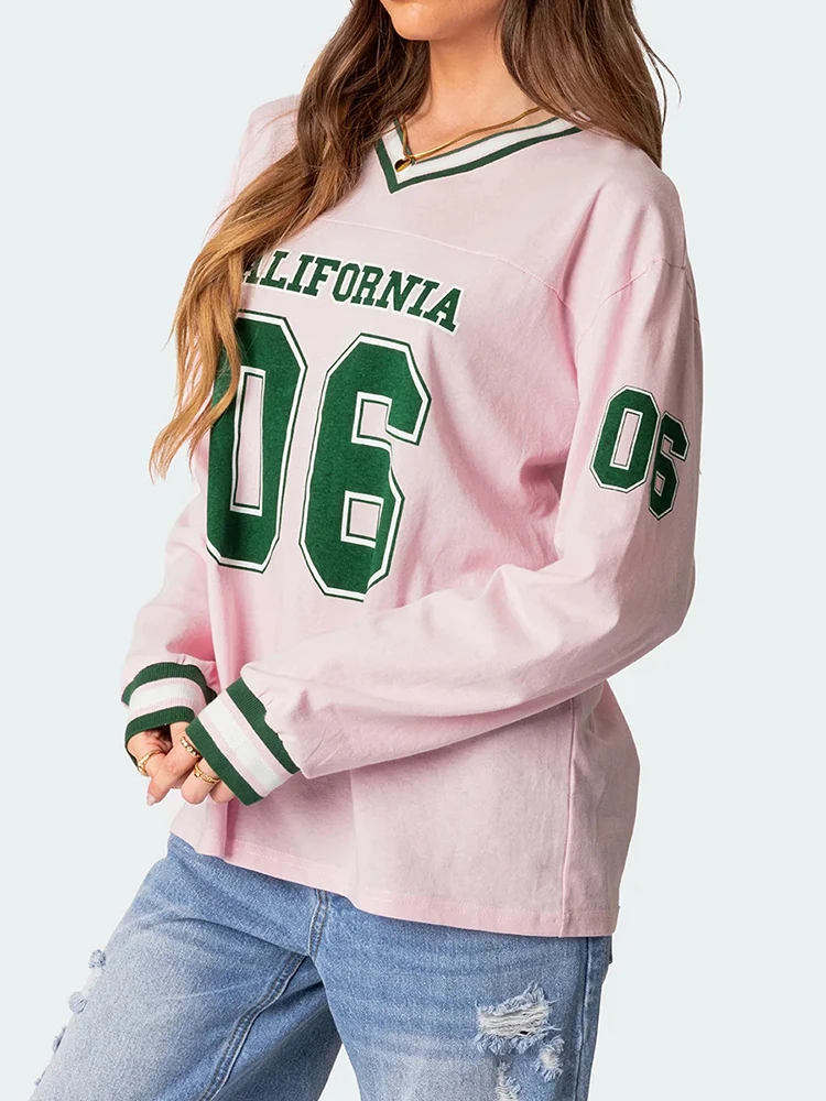 Y2K vintage V-neck sweatshirt oversized sweatshirt Women's Y Korean street clothing hip-hop female printed thin hoodie