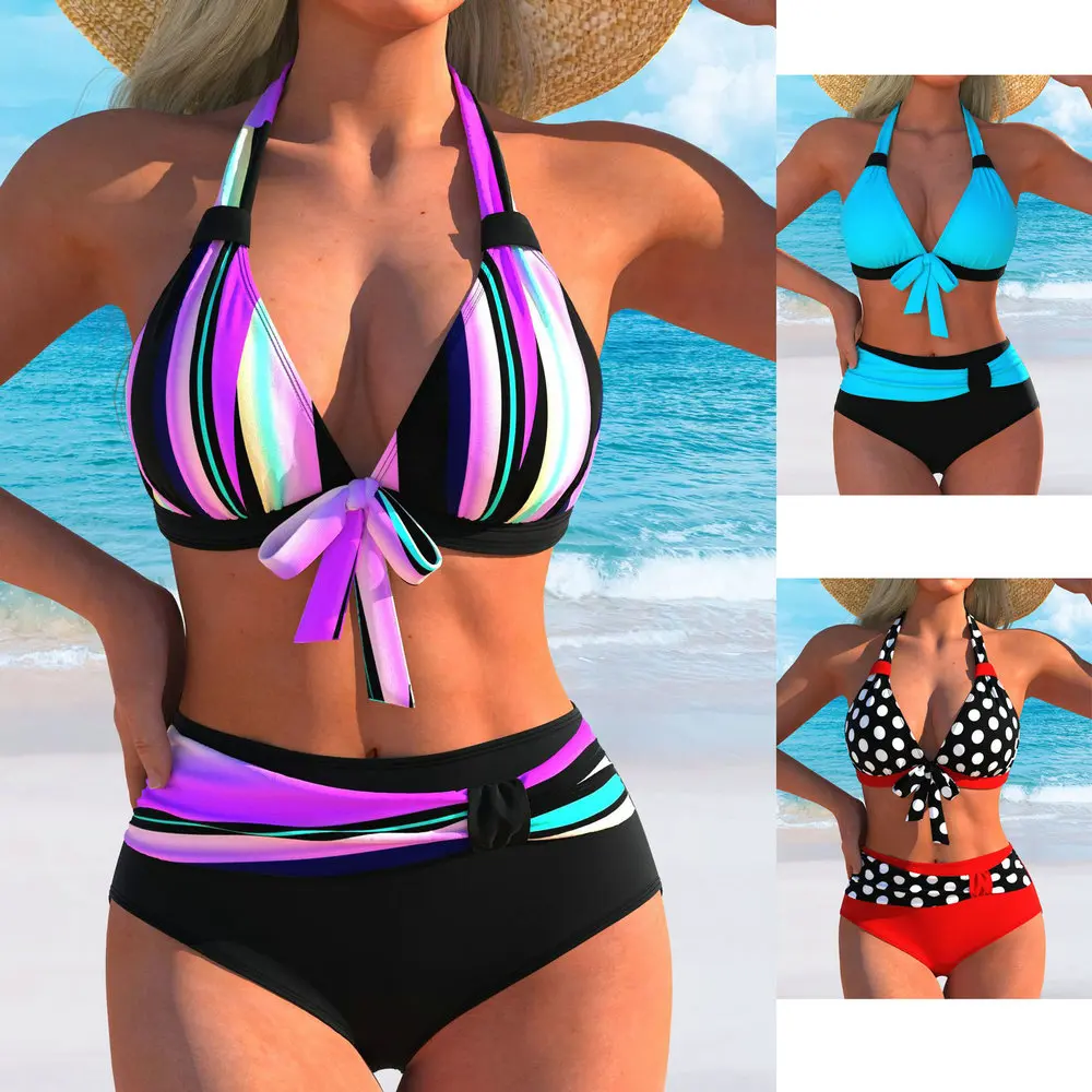 

Модный треугольный купальник-бикини красного цвета с горошком и лоскутным узором, комплект бикини с высокой талией, пляжный купальник, раздельный купальный костюм из двух частей