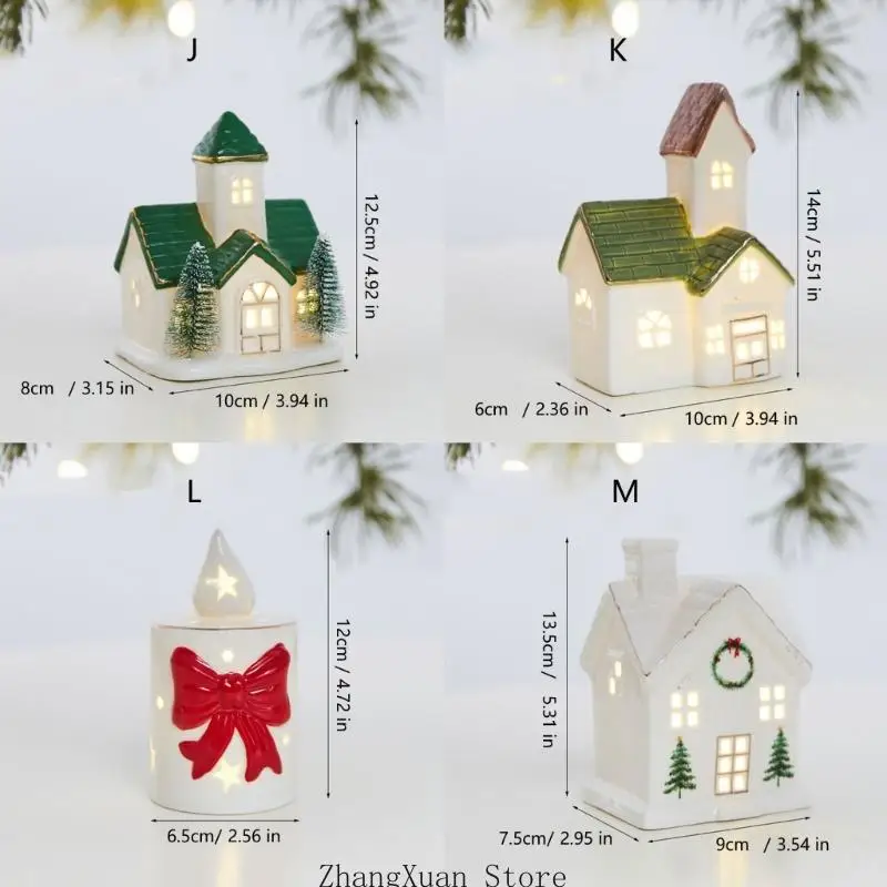 Eingangstisch-Weihnachtsschmuck, Keramik-Dorfhaus-Akzent mit warmer Innenbeleuchtung für die winterliche Regalpräsentation 3XUF – Detail 6