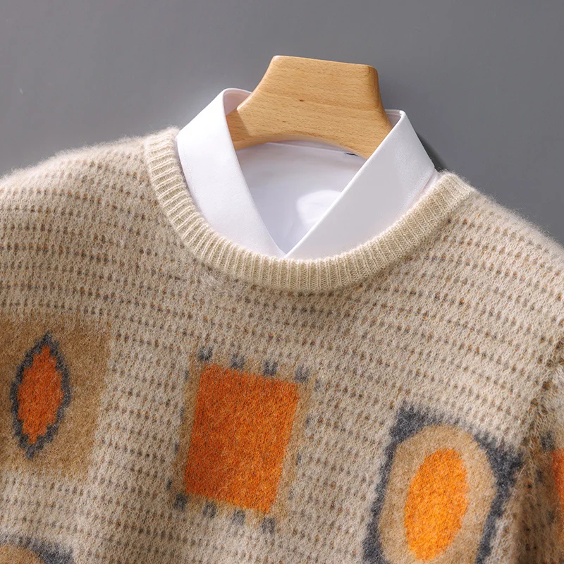 Autumn Winter New Men's Large Size Pure Wool Loose Thick O-Neck Pullovers Contrast Color Casual Knitted Cashmere Sweater