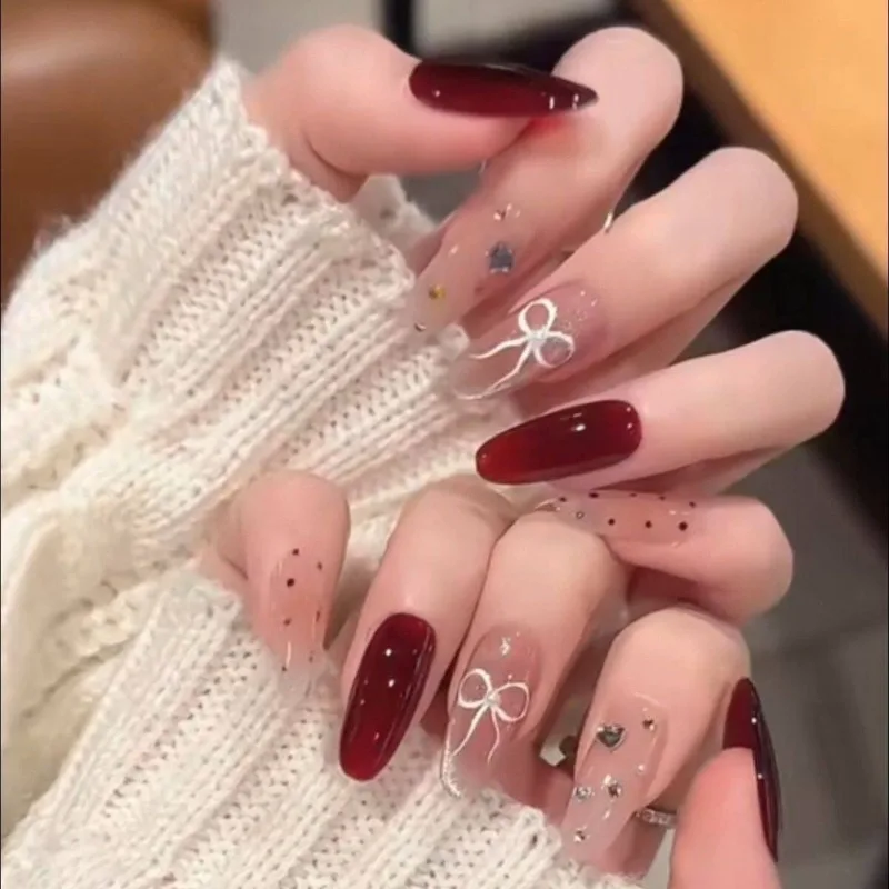 

10 Pcs 2026 Artificial Nail Tips Wine Red Realistic False Nails Woman Press on Nails with Glue Sticky Nails with Box and Tools