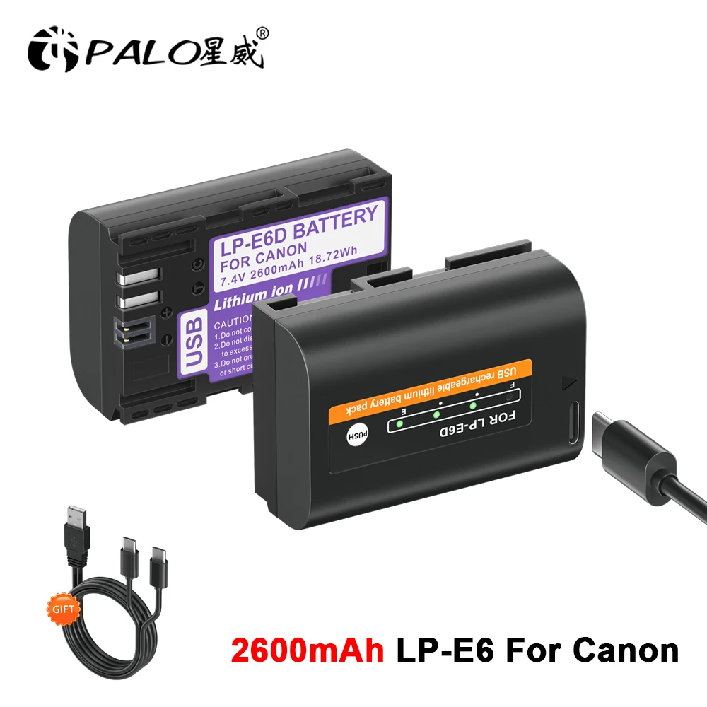 PALO 2600mAh LP-E6 LP E6 LPE6 LP E6N Type-C Charging Battery for Canon 5D Mark II III 7D 60D EOS 6D 70D 80D EOS 5DS R Cameras