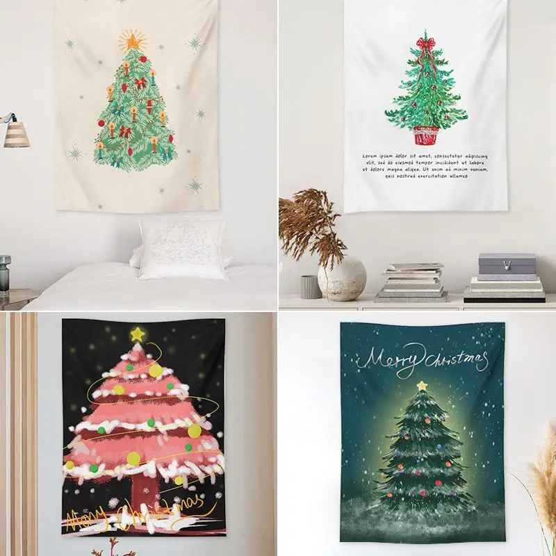 VIKAMA Four Christmas Tree Collage Wall Tapestry Watercolor Green Pine Ornament Gift Merry Holiday Festive Set Variety Decor