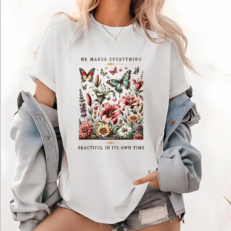

Faith - Infused Tee Showcasing "He Makes Everything Beautiful in Its Own Time" and Gorgeous Botanical - Butterfly Motifs for Spi