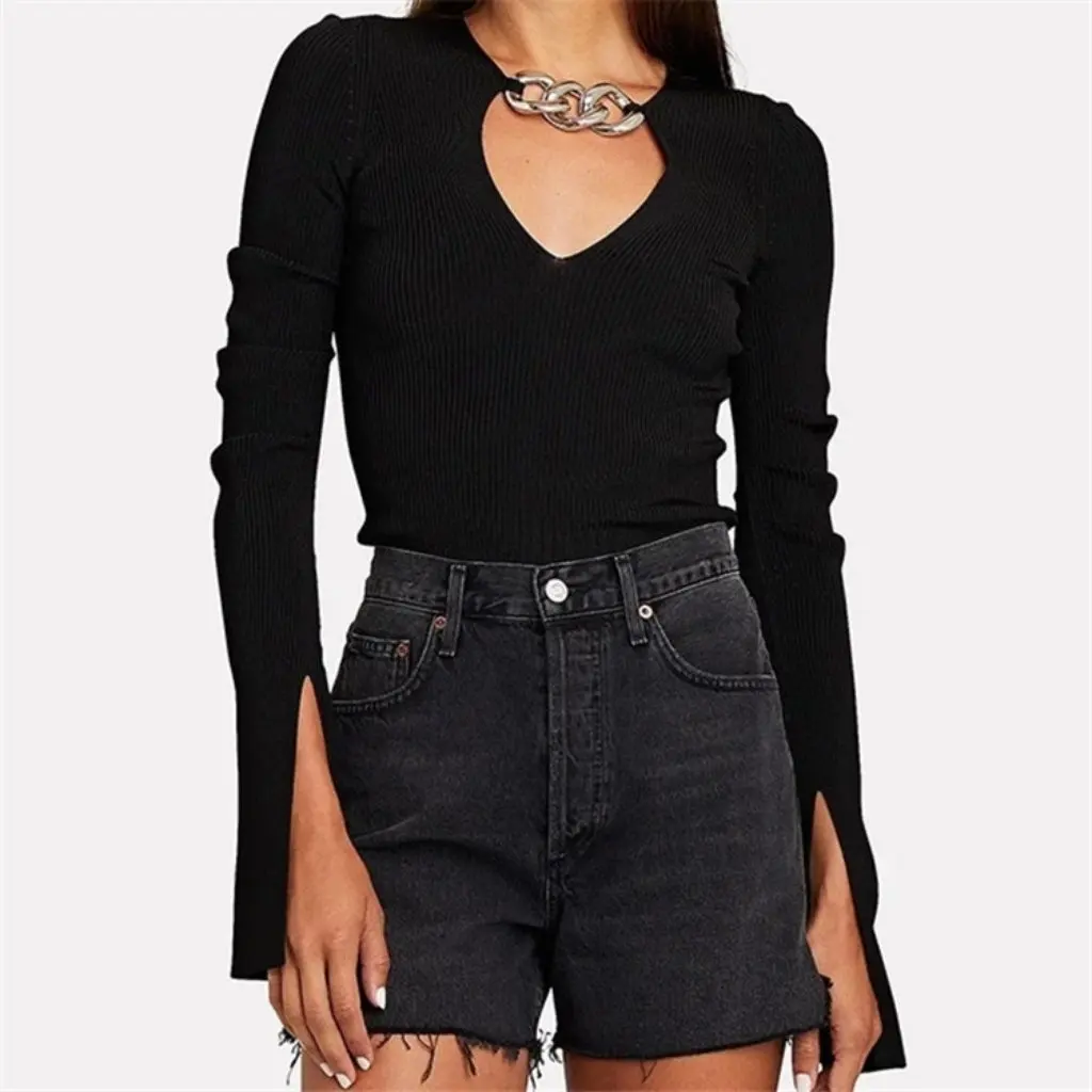 

Autumn Winter Women's Long Sleeve Sweater V-Neck Split Sleeve Chain Detail Temperament Ladies Fashion Top