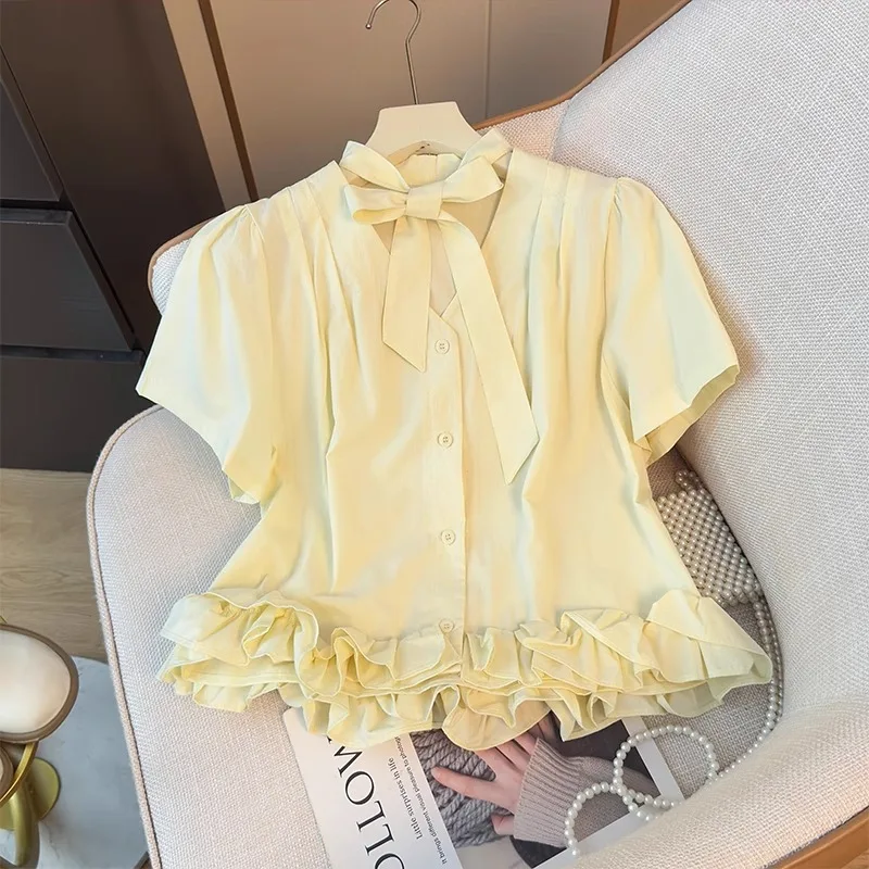 

Летняя винтажная женская одежда с v-образным вырезом и лентой Sense Blusas Mujer, милые блузки, однобортные лоскутные рубашки с оборками