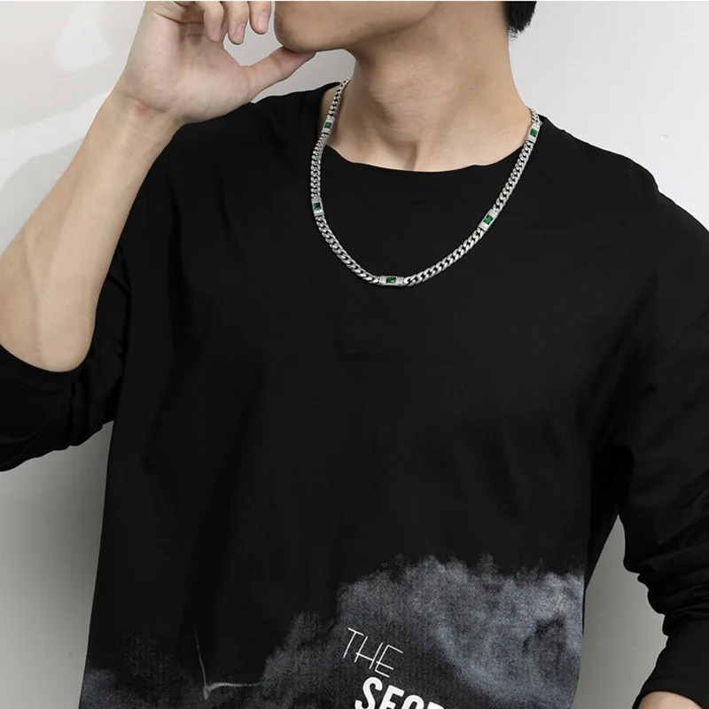 New Silver-Plated Grass Pattern Square Zircon Cuban Necklace Trendy Chain Valentine'S Day Ethnic Style Fashion Versatile