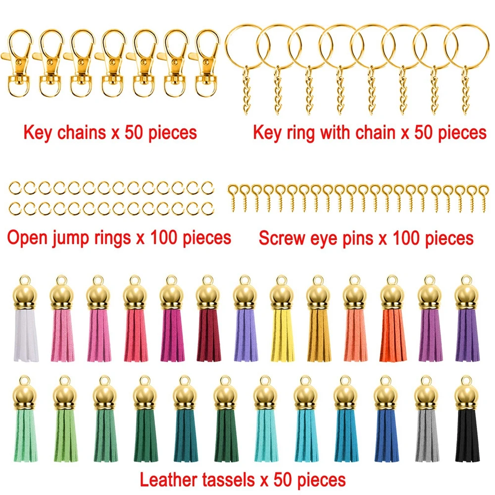 Gold Silver Key Rings Tassel Set with Keychain Tassels Keychain Hooks Key Chain Rings Jump Ring and Screw Eye Pins for DIY Craft