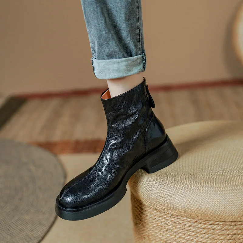 Women\'s Platform Chelsea Boots Street Style Winter Shoes Woman Sheepskin Shoes Spring Autumn Back Zip Ankle Boots Thick Heel