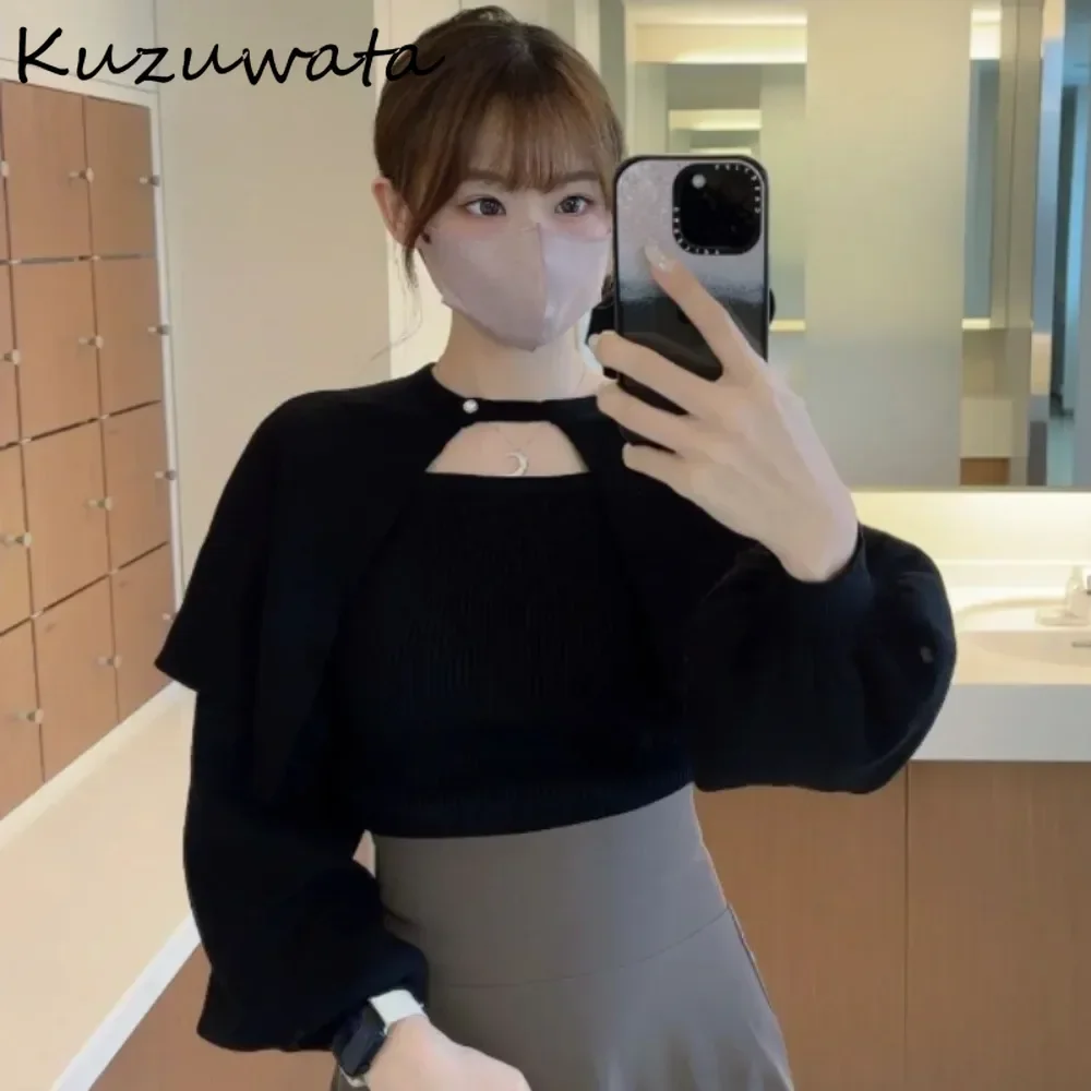 Kuzuwata Moda Stand Collar Puff Sleeve Preppy Style Set Pullover Knit Detachable Shawl Ruffles Top Japan French Slim Suit Jumper