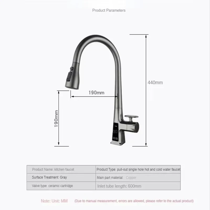 Gun Gray Induction Digital Display Pull Type Kitchen Faucet Induction Switch Hot And Cold Multifunctional Washing Basin Sink Fau