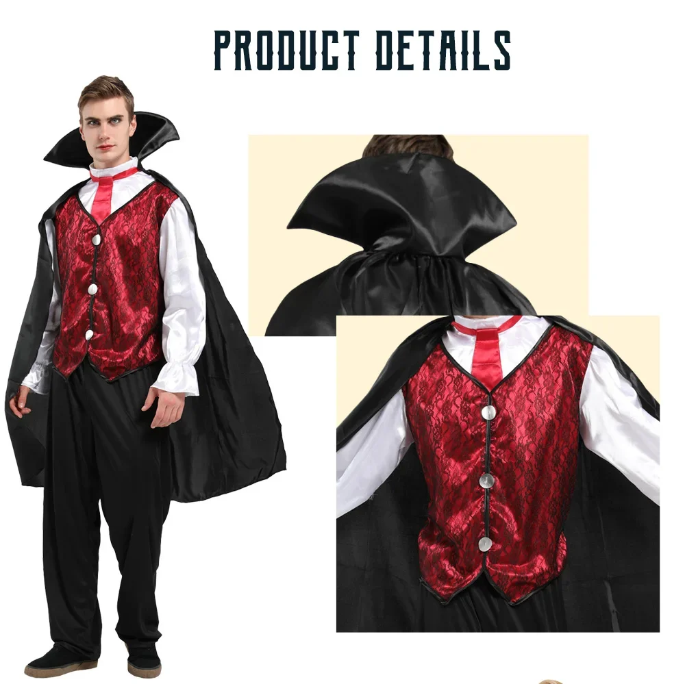 Halloween Male Medieval Vampire Cosplay Costume with Shirt Pants Vest Cloak Carnival Party Devil Dress Up