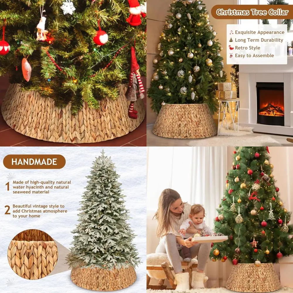 

24 Inch Christmas Tree Collar Large Woven Farmhouse Christmas Tree Ring Basket Rustic Xmas Trees Skirts Stand Base Cover, Natura
