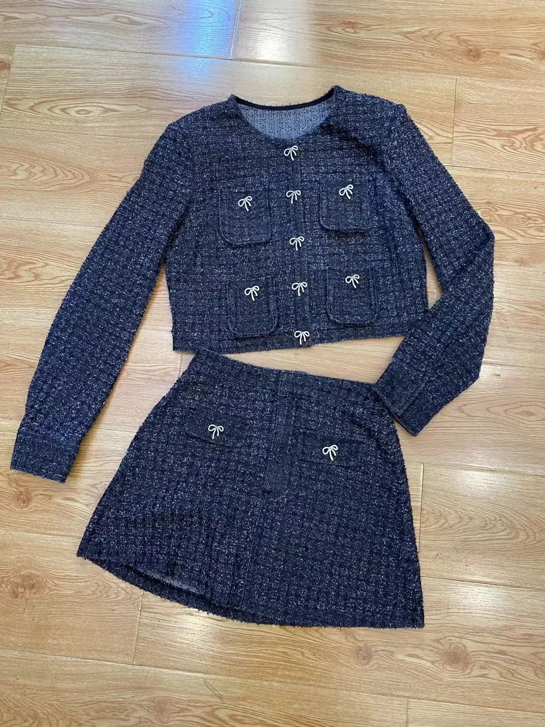 Bow Decoration Women's Tweed Set Early Spring O-Neck Long Sleeve Single Breasted Short Jacket and High Waist A-Line Mini Skirt