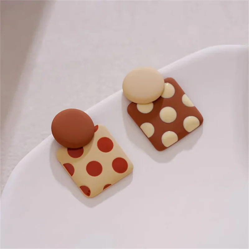 Korean Geometric Square Polka Dot Earrings Asymmetric Red White Round Earring Trending Products 2026 Ear Jewelry New Year Gift