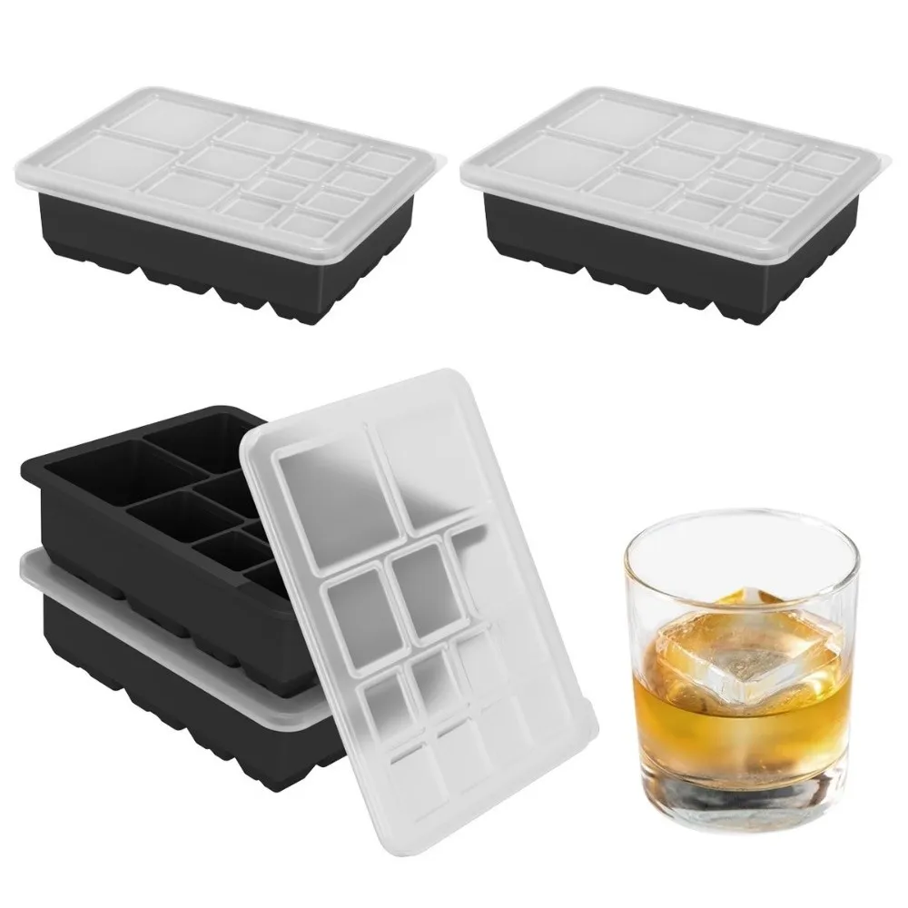 New Silicone Ice Cube Mold Leak Proof Lid Square Shape Ice Making Mold 13 Grid Multi-size Stackable Ice Tray Kitchen Use