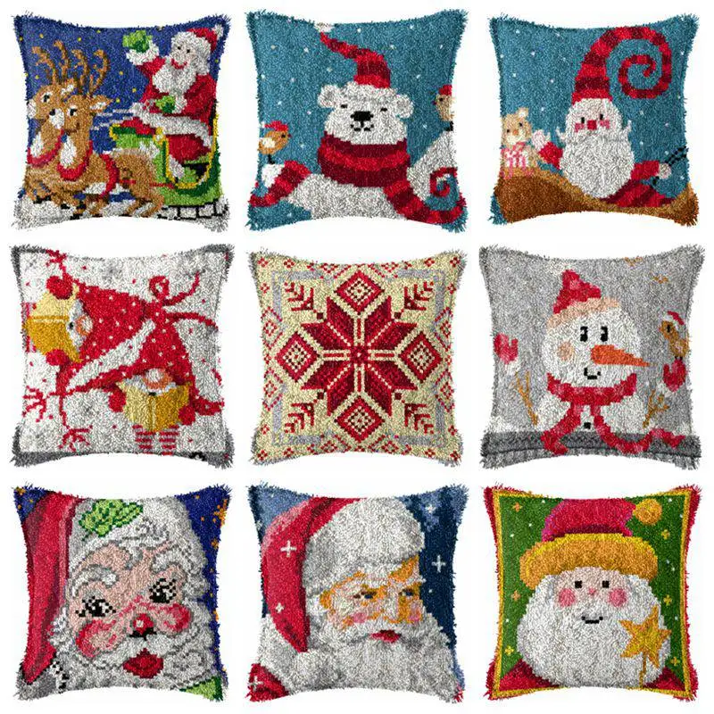 Santa Claus Series Segment Embroidery Pillow Christmas Coarse Wool Cross Stitch 3D Latch Hook Rug Pillowcase Kit DIY Carpet