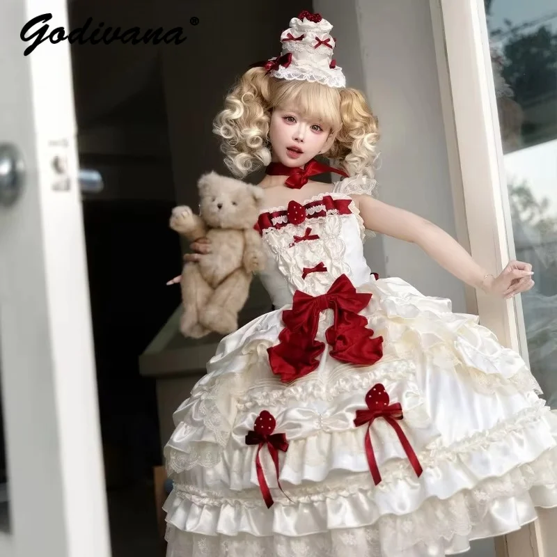 Original Sweet Cute Strawberry Lolita JSK Jumper Skirt Satin Suspender Dress Kawaii Girls Princess Tea Party Dress for Women