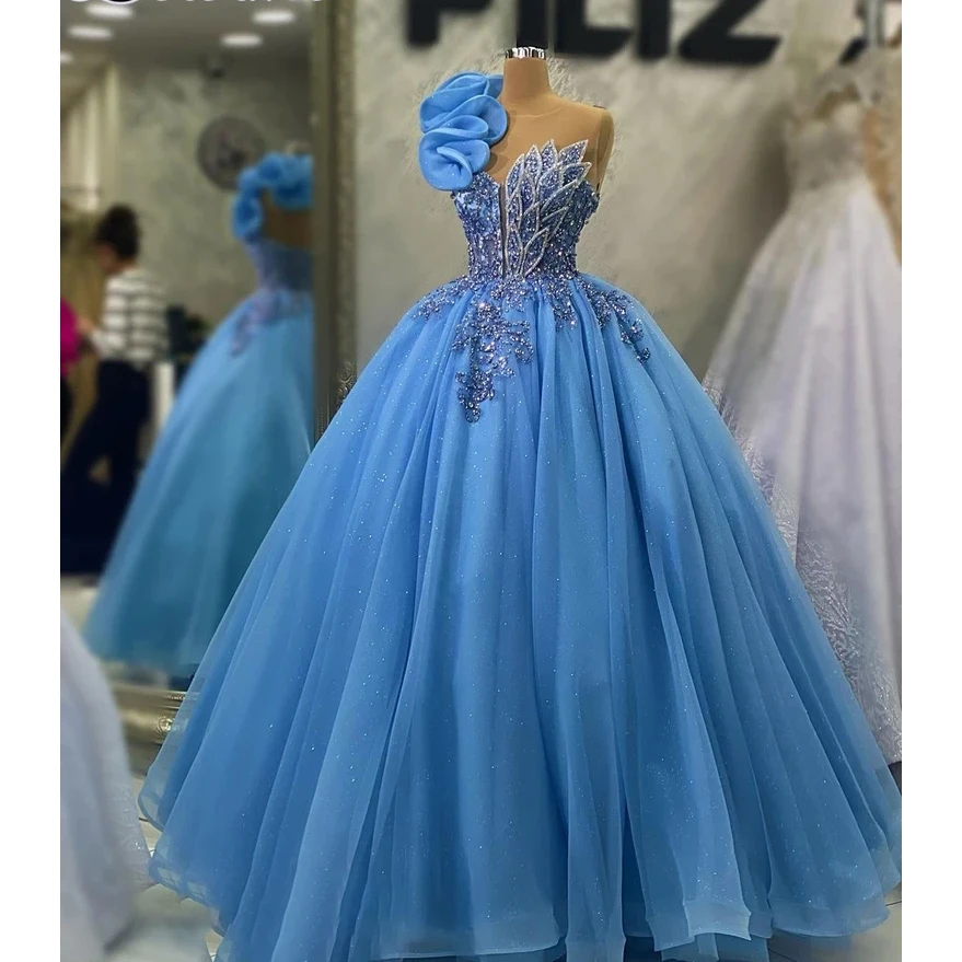 

Blue Fluffy Ball Gowns Evening Dress Floor Length Sweetheart Sleeveless Appliques Crystal Sequined Women Special Occasion