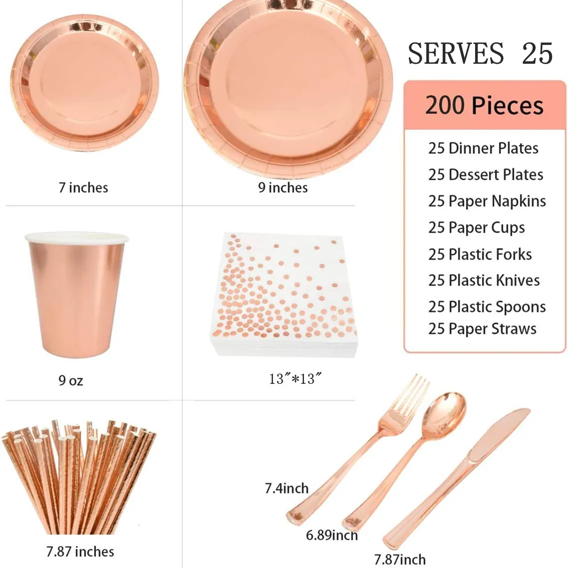 200 PCS Serves 25 Rose Gold Tableware Set,Disposable Party Dinnerware Paper Straws Napkins Plates Cups Cutlery Wedding Birthday