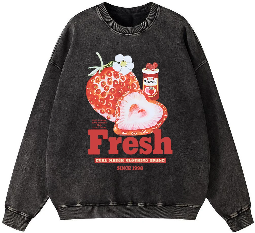 

Fresh Strawberry Creative Printed Woman Vintage Washed Cotton Sweatshirt Fashion Oversize Pullover Vintage Comfortable Hoodie
